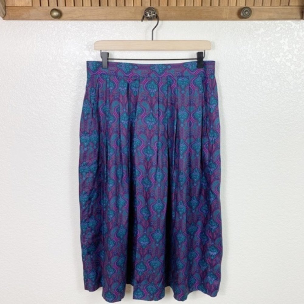 Vintage 90s Purple and Green Paisley Pleated Skirt
